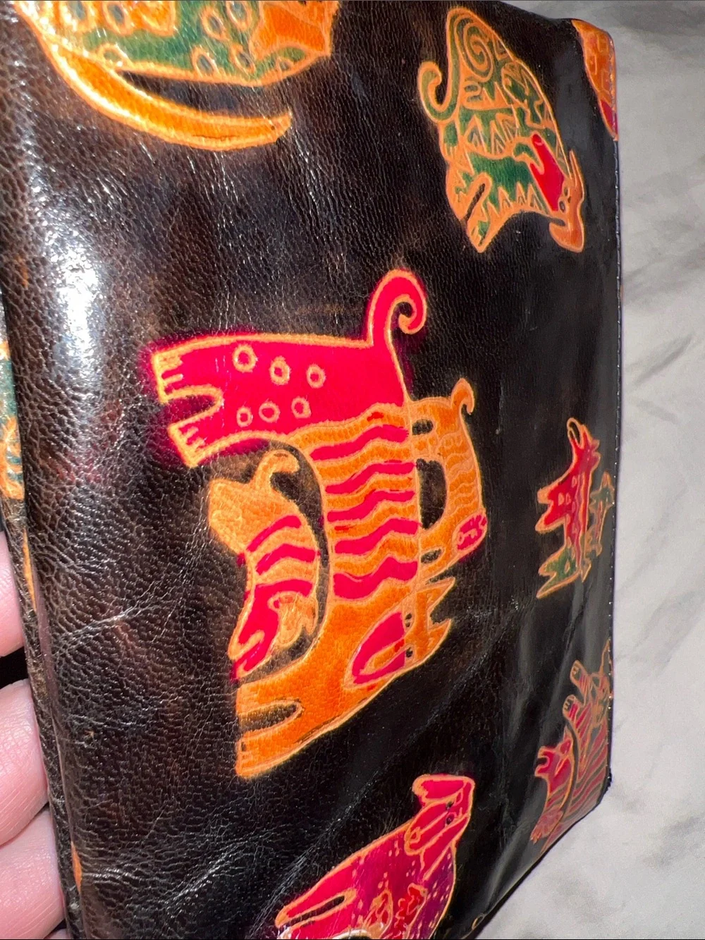 Laurel Burch Black Cosmetic Pouch with Orange, Pink and Green Dog Designs